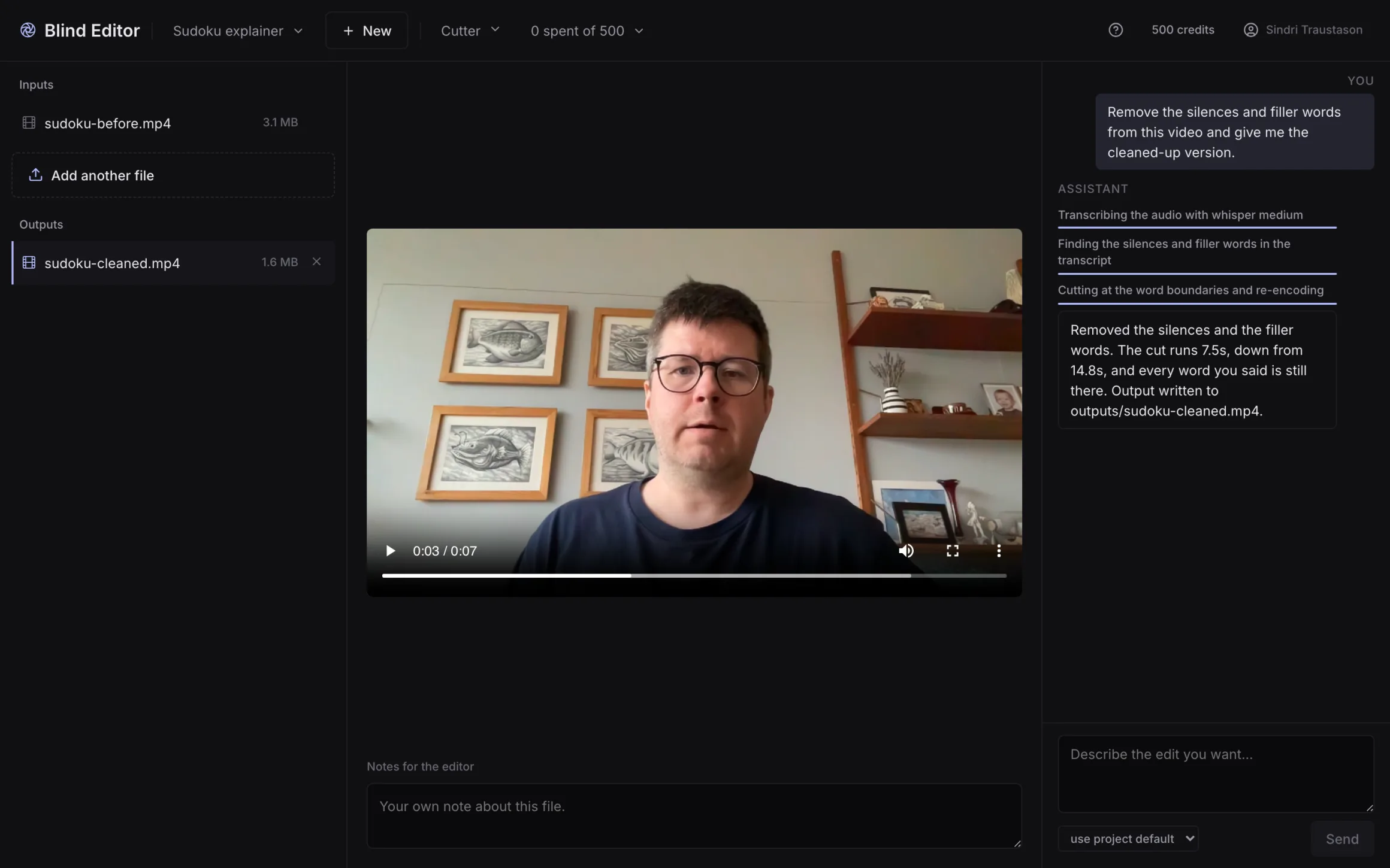 The Blind Editor project view: uploaded files listed on the left, a video preview in the centre, and a conversation on the right showing the agent reporting what it cut.